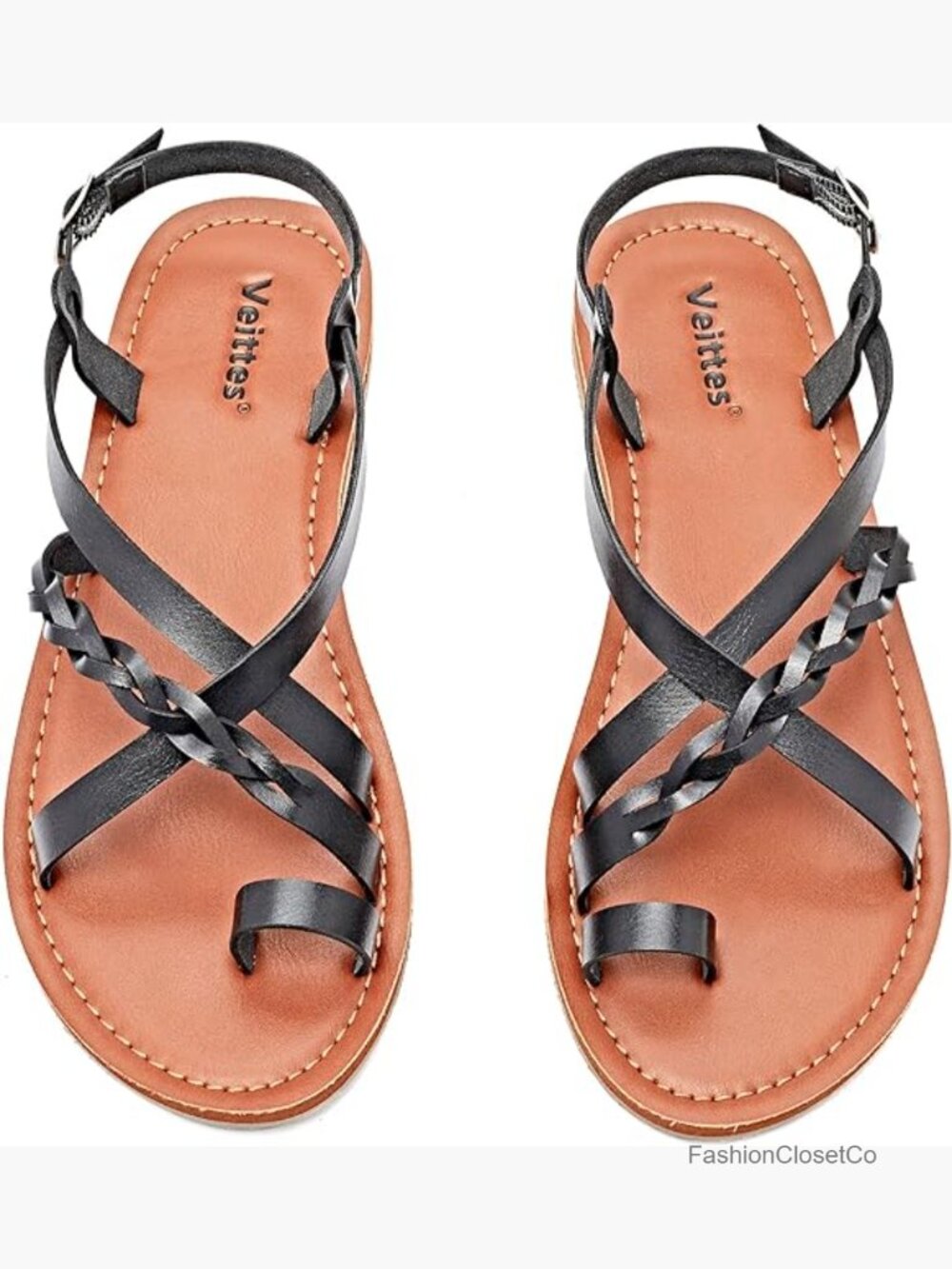 Flat Sandals with Braided Ankle Strap, Faux Leather, Round Toe, Buckle Closure,